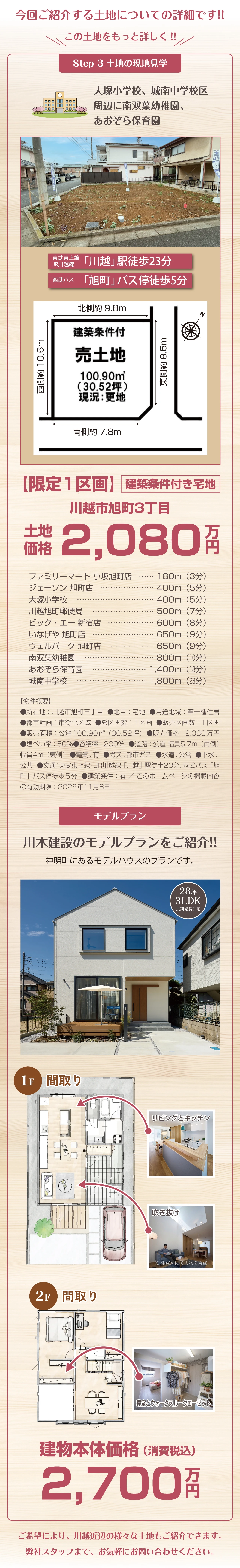 今回ご紹介する土地についての詳細です!! この土地をもっと詳しく!! Step 3 土地の現地見学 大塚小学校、城南中学校区 周辺に南双葉幼稚園、あおぞら保育園 東武東上線 JR川越線 「川越」駅徒歩23分 西武バス 「旭町」バス停徒歩5分 北側約9.8m 西側約10.6m 東側約8.5m 南側約7.8m 建築条件付 売土地 100.90㎡(30.52坪)現状：更地 【限定1区画】建築条件付き宅地 川越市旭町3丁目 土地価格2,080万円 ファミリーマート 小坂旭町店 180m（3分） ジェーソン 旭町店 400m（5分） 大塚小学校 400m（5分） 川越旭町郵便局  500m（7分） ビッグ・エー 新宿店 600m（8分） いなげや 旭町店 650m（9分） ウェルパーク 旭町店 650m（9分） 南双葉幼稚園 800m（10分） あおぞら保育園 1,400m（18分）城南中学校 1,800m（23分） 【物件概要】●所在地：川越市旭町三丁目  ●地目：宅地  ●用途地域：第一種住居  ●都市計画：市街化区域  ●総区画数：1区画  ●販売区画数：1区画  ●販売面積：公簿100.90㎡（30.52坪）  ●販売価格：2,080万円  ●建ぺい率：60％●容積率：200％  ●道路：公道 幅員5.7m（南側）幅員4m（東側）  ●電気：有  ●ガス：都市ガス  ●水道：公営  ●下水：公共  ●交通：東武東上線・JR川越線「川越」駅徒歩23分、西武バス「旭町」バス停徒歩5分  ●建築条件：有 ／ このホームページの掲載内容の有効期限：2026年11月8日 モデルプラン 川木建設のモデルプランをご紹介!! 神明町にあるモデルハウスのプランです。 28坪 3LDK 長期優良住宅 1F 間取り 2F 間取り リビングとキッチン 吹き抜け ※ 生成AIにて人物を合成。 寝室とウォークスルークローゼット 建物本体価格（消費税込）2,700万円 ご希望により、川越近辺の様々な土地もご紹介できます。弊社スタッフまで、お気軽にお問い合わせください。